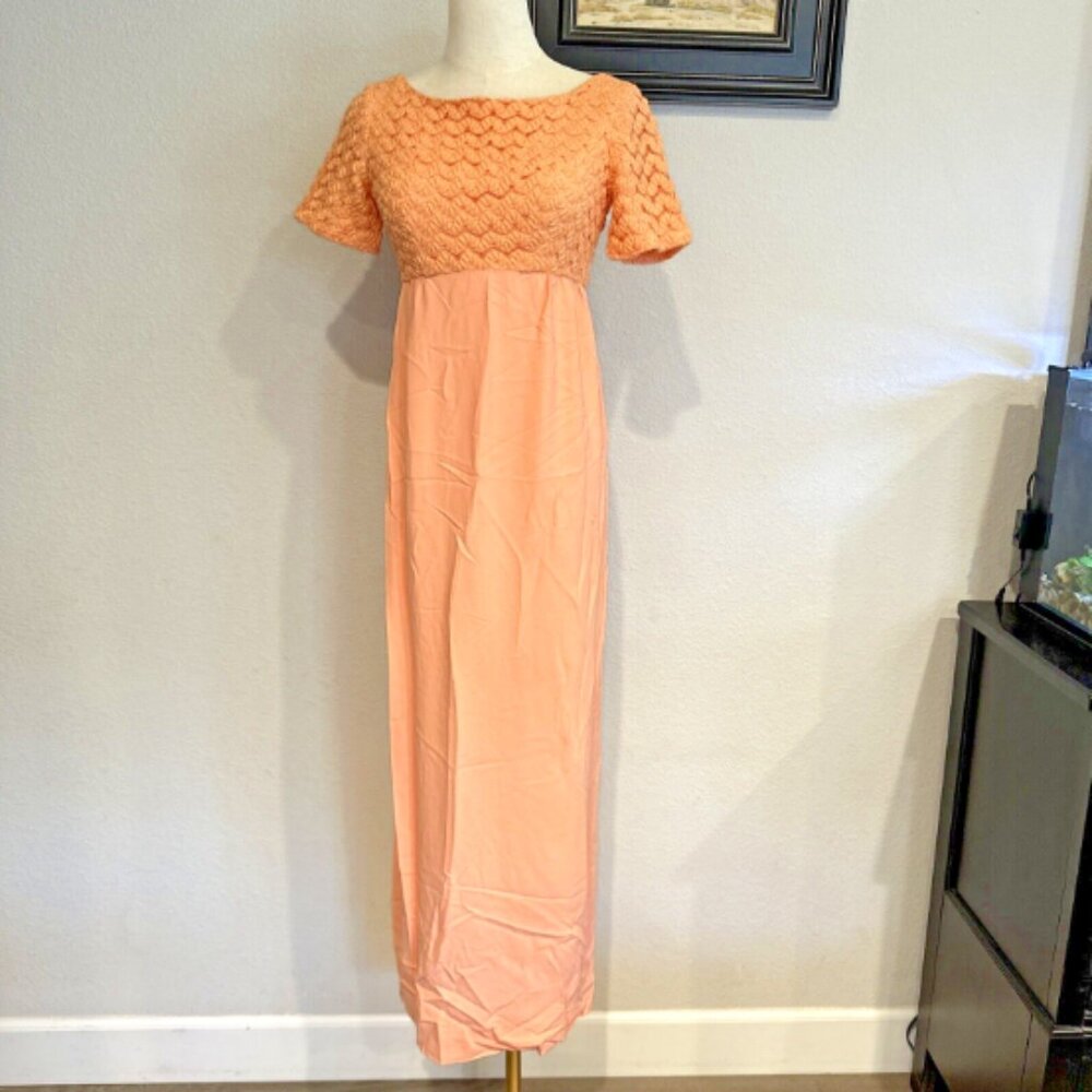 Lorrie Deb Maxi Dress 1960s Coral Peach Lace Formal Prom Bridesmaid Empire Waist
